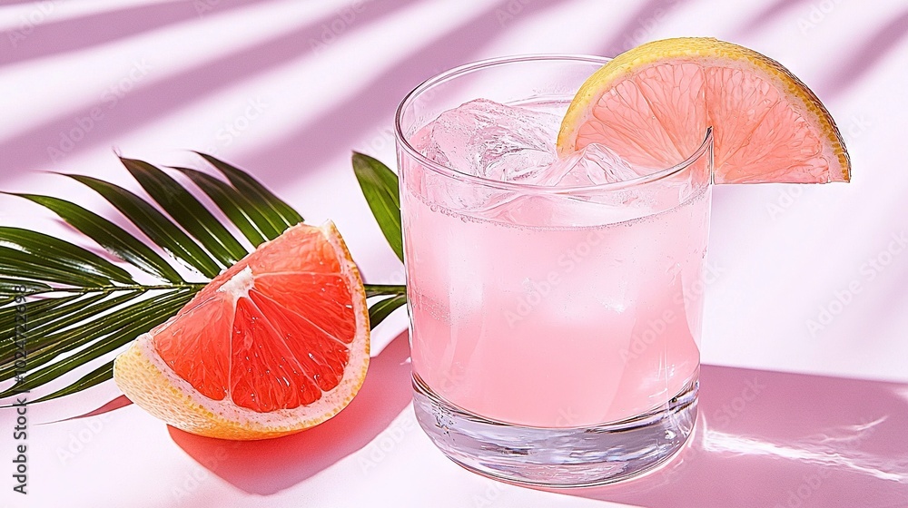 Poster a refreshing drink featuring a grapefruit slice on the rim and a palm leaf as garnish