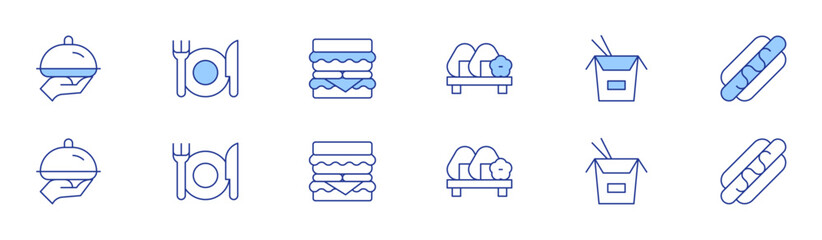 Food icon set in two styles, Duotone and Thin Line style. Editable stroke. onigiri, food tray, food, hamburguer, chinese food, fast food