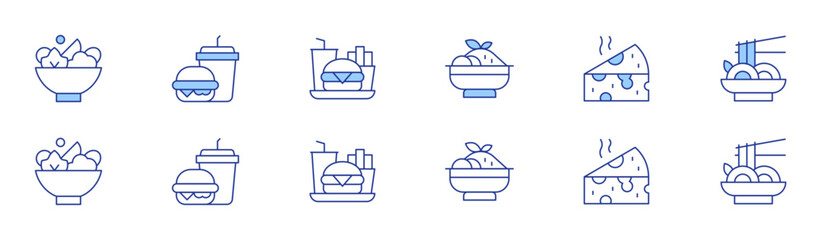 Food icon set in two styles, Duotone and Thin Line style. Editable stroke. tzatziki, salad, fast food, cheese, pad thai