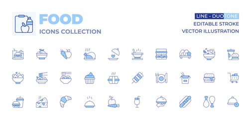 Food icons collection. Line Duotone style, editable stroke. cooking pot, tzatziki, salad, tokbokki, yakisoba, food box, food tray, healthy food, sweet food, chicken, fast food, pad thai