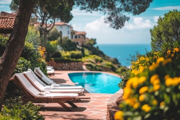 Obraz premium A beautiful outdoor scene featuring poolside loungers and vibrant flowers. Relaxation and leisure are the focus in this stunning coastal setting. Generative AI