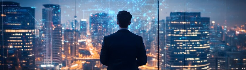 Fototapeta premium Visionary CEO Overlooking Futuristic AI Powered Cityscape at Night