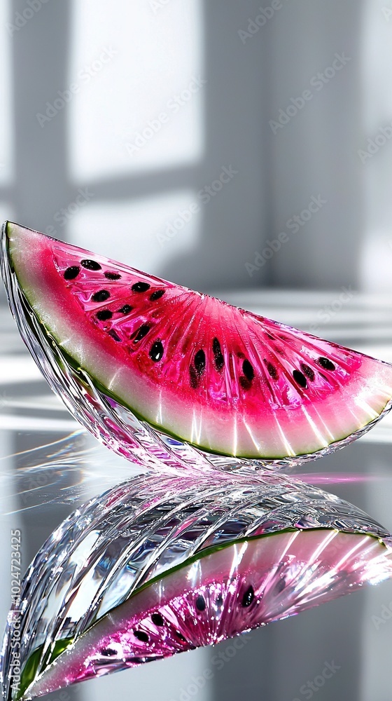 Poster watermelon on shiny surface with window reflection