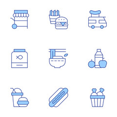 Food icons set. Line Duotone style, editable stroke. pet food, pho, food stall, hot dog, feeding, food truck, fast food, chicken bucket