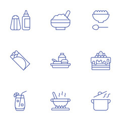 Food icons set. Thin Line style, editable stroke. baby food, burrito, cafeteria, cake, cocktail, cooking pot, cooking, salt