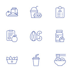 Food icons set. Thin Line style, editable stroke. soda, lunch, meal, menu, nutrition, nuts, omega, potato, yakisoba
