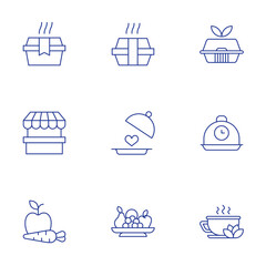 Food icons set. Thin Line style, editable stroke. food box, food stand, food tray, fruit, green tea