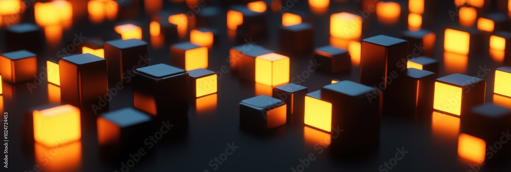 Poster glowing cubes in a void, a surreal arrangement of illuminated cubes suspended in an infinite black s
