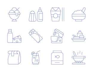 Food icons. Thin Line style, editable stroke. baby food, burrito, cafeteria, cocktail, cooking pot, salt, ice cream, japanese food, milk, mixer, paper bag, pet food