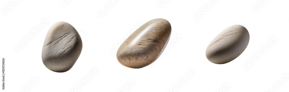Poster three isolated smooth stones of different sizes and colors against a white background.