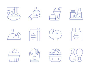Food icons. Thin Line style, editable stroke. fast food, food, food package, french fries, fried chicken, healthy food, sweet food, yakisoba, roast chicken, salad