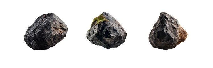 Three isolated gray rocks with one showing a little green moss on top.