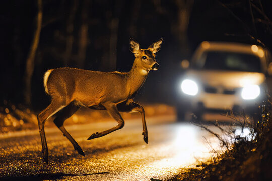 Fototapeta Deer runs across the street in front of a car at night