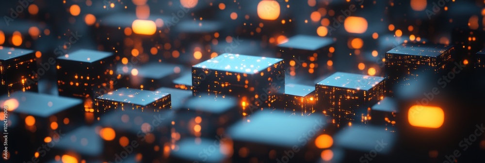 Poster glowing cubes in void, an ethereal arrangement of illuminated cubes suspended in an endless dark exp