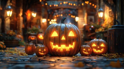 Fototapeta premium Halloween scene with glowing jack-o'-lanterns and autumn decor.
