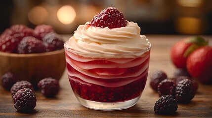 Layers of yogurt and berries in a glass dessert cup on rustic wooden table