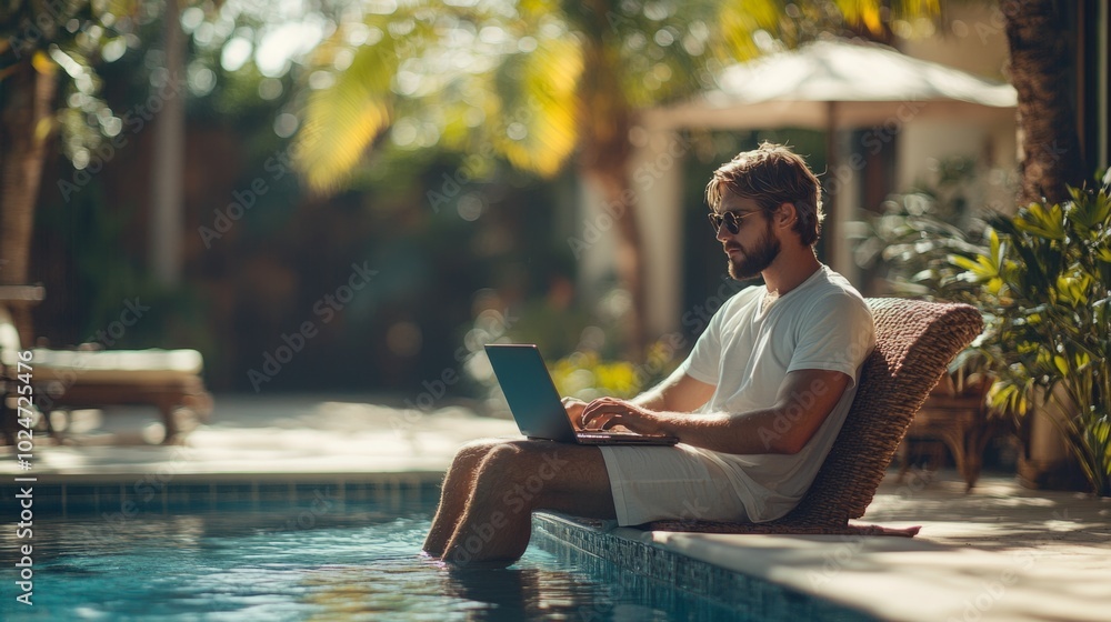 Poster a man is sitting in a pool with a laptop on his lap