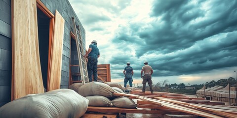 Sandbags and wooden boards being placed around a building for hurricane protection, with people preparing for the approaching storm, selective focus
