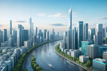 Naklejka premium Cities on the banks of rivers and beautiful mountains, with buildings and houses.
