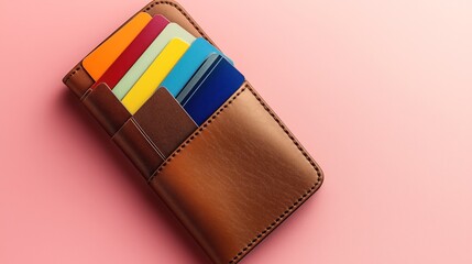 Brown leather wallet with multiple colorful cards against a pink background, showcasing organization and variety.