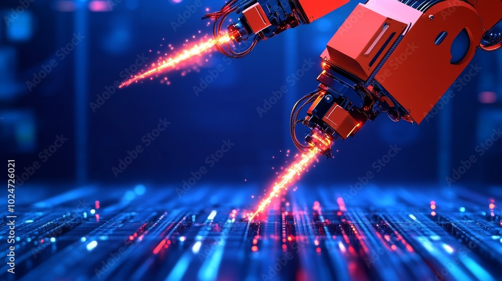 Poster robot graphic design, overlooking intelligent manufacturing, using a three color color scheme to sho