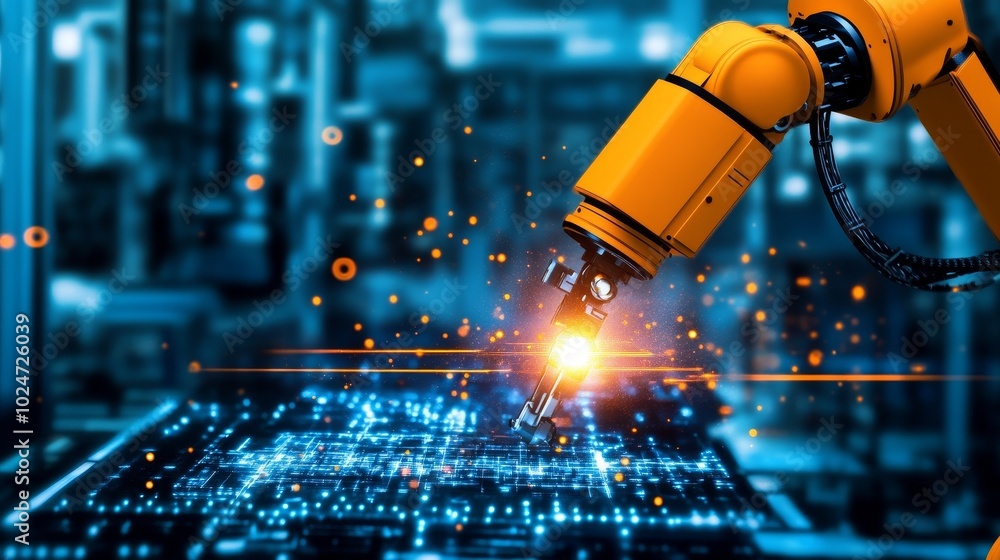 Poster robot graphic design, overlooking intelligent manufacturing, using a three color color scheme to sho