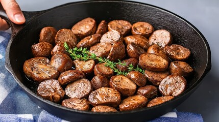 Obraz premium Culinary Delight: Chef Sautà¹‰ing Mixed Wild Mushrooms with Fresh Thyme in Cast Iron Pan