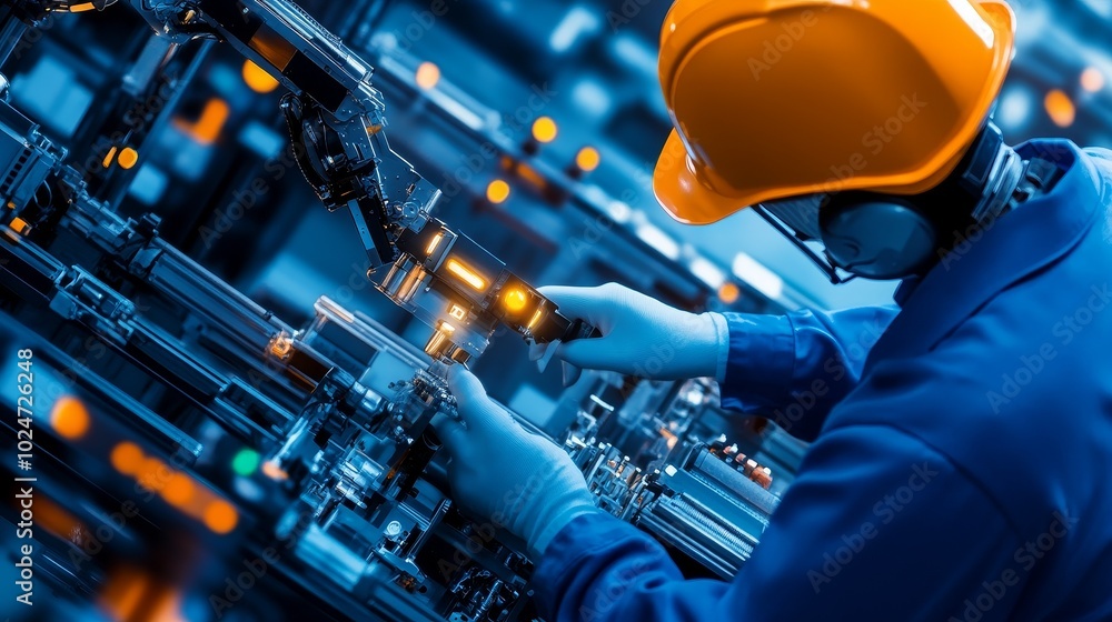 Poster robot graphic design, overlooking intelligent manufacturing, using a three color color scheme to sho