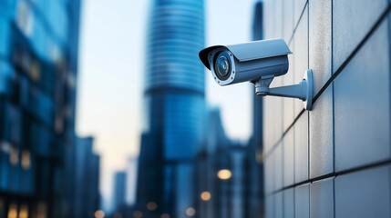 Outdoor CCTV camera on skyscraper, cityscape in background, surveillance technology for urban monitoring, modern security solutions, building safety, blue hour light, city surveillance system