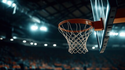 Close-up of a basketball hoop with net in an illuminated indoor sports arena, capturing the atmosphere of a professional basketball game setting.