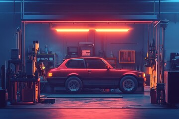 Fototapeta premium Red Car in a Neon Garage
