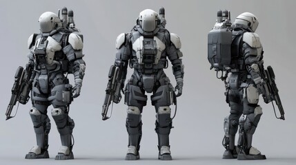 Fototapeta premium Three futuristic armored soldiers in a combat stance