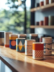 Fototapeta premium Colorful Patterned Mugs on Wooden Table with Blurred Background