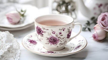 Fototapeta premium A vintage floral teacup and saucer on a white marble tabletop feature a delicate pink and purple roses pattern, creating an elegant afternoon tea setting with nostalgic charm.