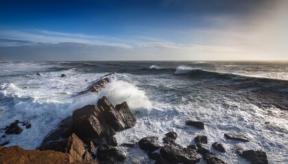 Fototapeta premium Ocean waves crashing and breaking on the rocks by the water; landscape photography