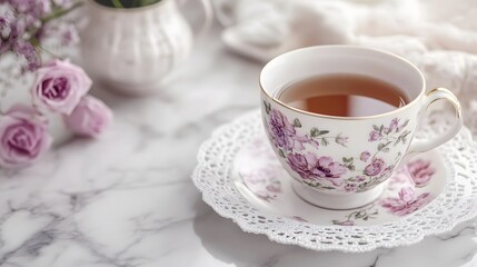 A vintage floral teacup and saucer on a white marble tabletop feature a delicate pink and purple roses pattern, creating an elegant afternoon tea setting with nostalgic charm.
