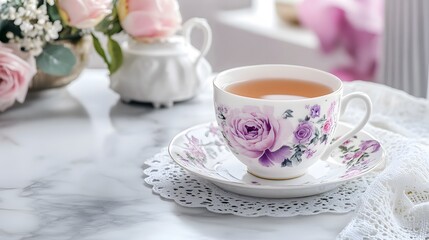 Fototapeta premium A vintage floral teacup and saucer on a white marble tabletop feature a delicate pink and purple roses pattern, creating an elegant afternoon tea setting with nostalgic charm.