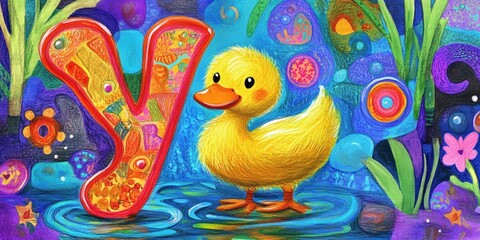 Duckling by a colorful letter Y.