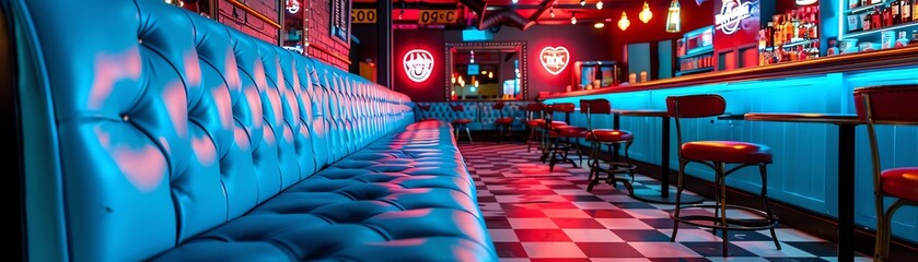 1950s diner-inspired living room with a chrome-trimmed leather sofa, checkered floors, and bright neon signs