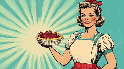 A vintage retro commercial style illustration of a perfect traditional blonde housewife in candy colours, smiling and holding a fresh baked pie. Wide landscape 16:9 with copy space, text blank