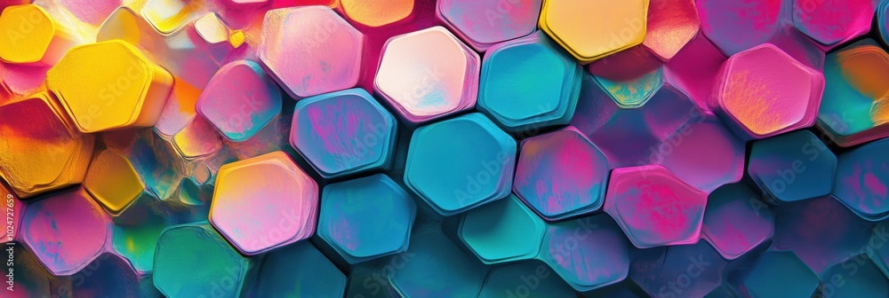 Poster vibrant hexagonal abstract design, dynamic interplay of colors, intricate geometric patterns, modern