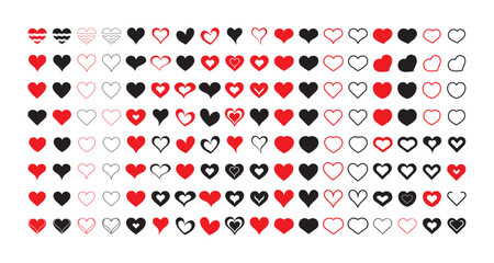 Love Heart Symbol icons set. Heart,love,romance valentine's day red heart.Red and black love icon Vector art. Solid and Outline Vector Hearts.Artistic red heart love symbols isolated editable vector