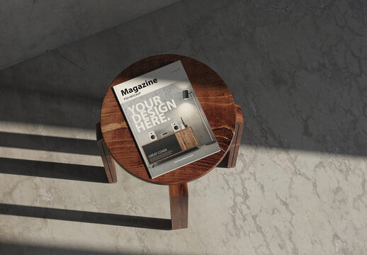 Magazine or book cover Mockup on wooden stool