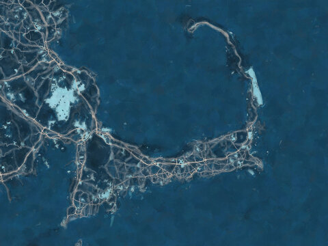 Painterly Style City Map of Cape Cod Massachusetts, USA in a Blue Color Scheme.
