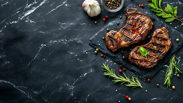 Grilled steak on black marble table with herbs and spices, creating delicious scene