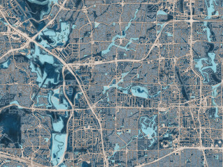 Painterly Style City Map of Carrollton Texas, USA in a Blue Color Scheme.