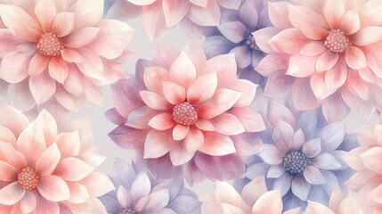 Simple watercolor dahlias with minimal details, soft pastel colors on a light gray background, seamless pattern,