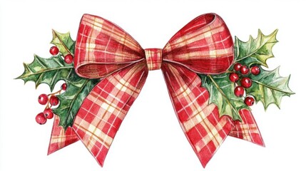 a festive Christmas bow clipart, holly and berry accent, watercolor illustration, red plaid, isolated on white background,