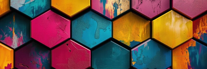 Vibrant Hexagonal Abstraction, a dynamic composition of colorful hexagons creating an engaging digital pattern, ideal for modern design applications