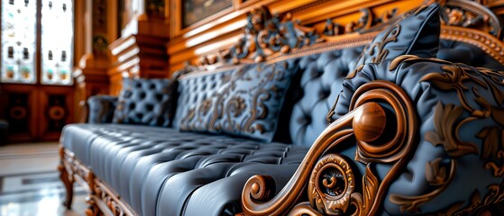 Fototapeta premium Classic Victorian sofa with intricate wooden carvings in an opulent room,